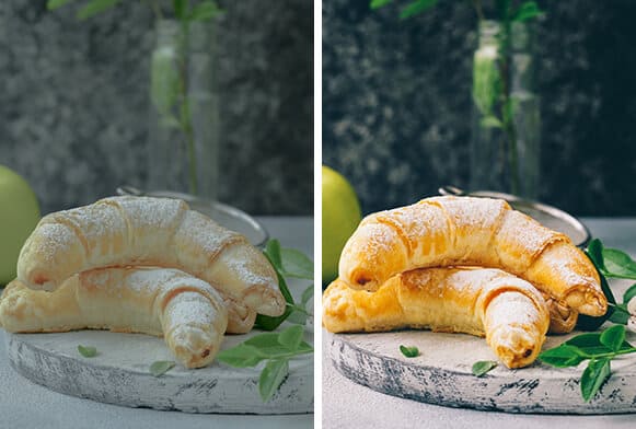 Antes e depois do tratamento de imagem Duplicação de uma foto de comida, com dois croissants, sem tratamento de imagem à esquerda, com tratamento à direita.